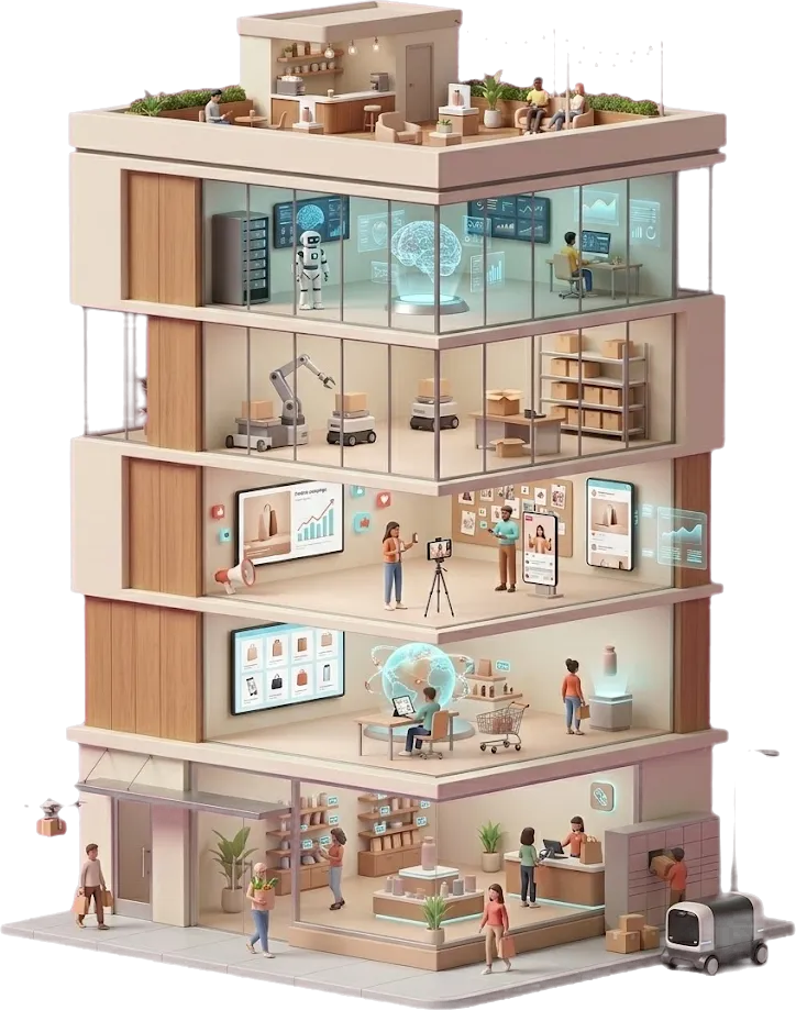 Illustration 3D en coupe d'un immeuble du commerce : boutique flagship au rez-de-chaussée, puis les étages marketplace, marketing, logistique robotisée et tech/data/IA, et une terrasse sur le toit.